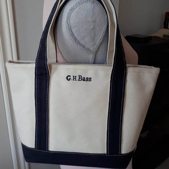 G.H. Bass Canvas Mini Tote Bag Beige Navy 1990s Excellent Condition - Picture 1 of 3